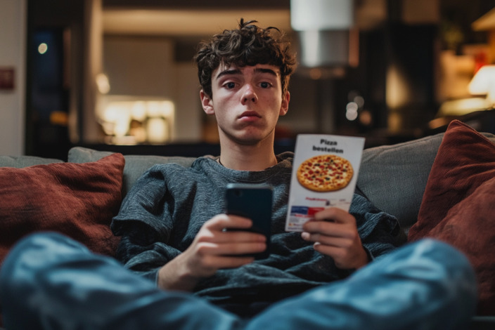 Junger Mann sitzt auf dem Sofa mit Smartphone und Pizza-Flyer in der Hand. 