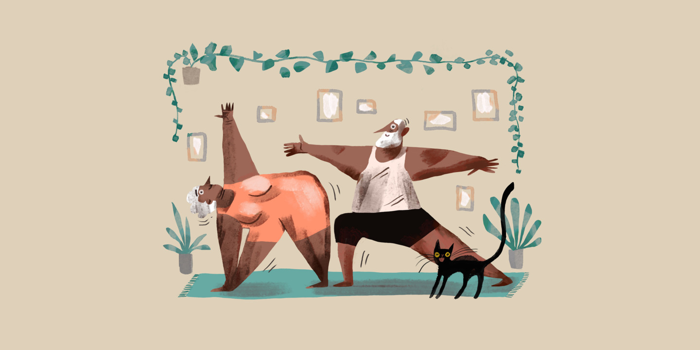 Illustration mit Frau, Mann und einer Katze beim Yoga