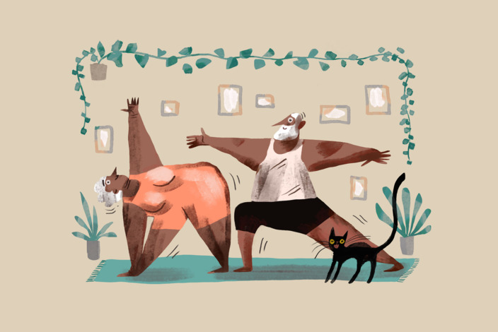 Illustration mit Frau, Mann und einer Katze beim Yoga