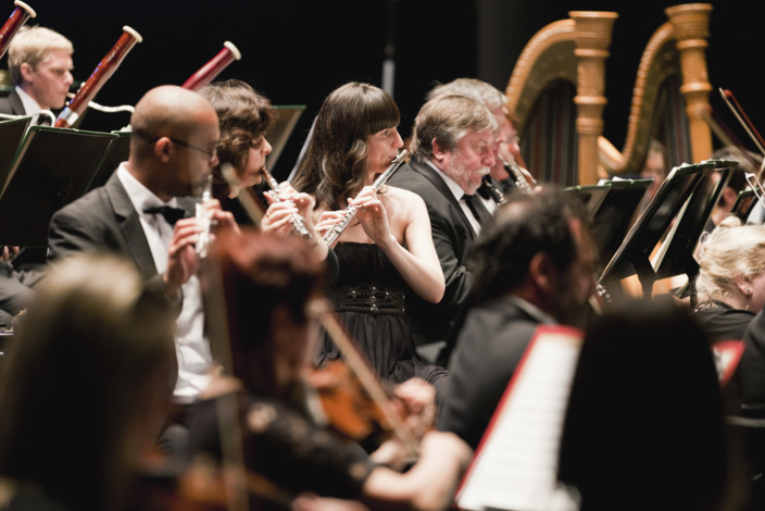 Eine Gruppe Musiker spielt Instrumente im Orchester. 