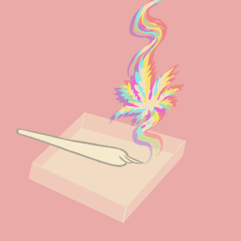Illustration eines Joints mit Hanfblatt als Rauchschwaden