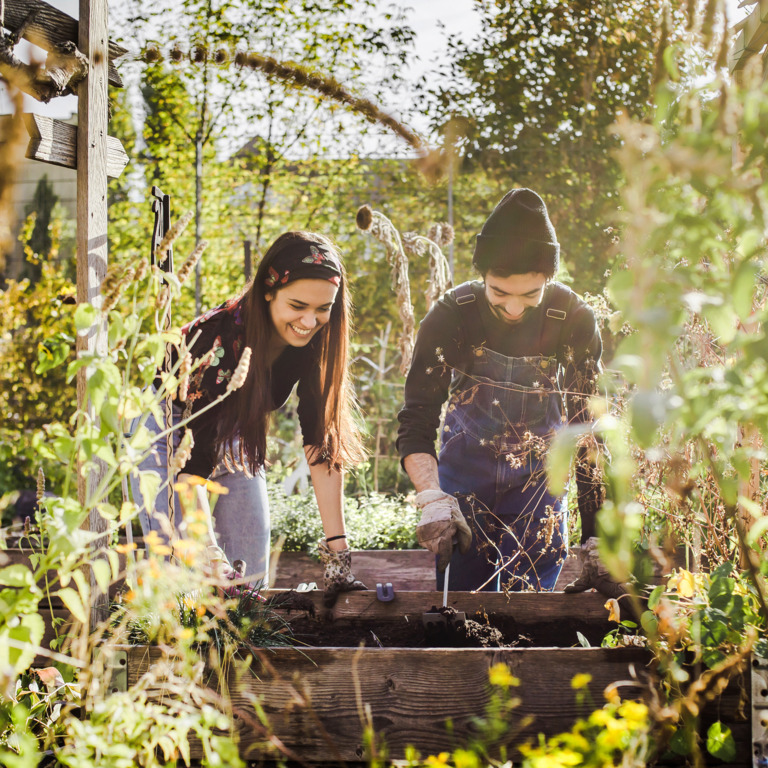 zwei junge Menschen arbeiten in einem Gemüsegarten