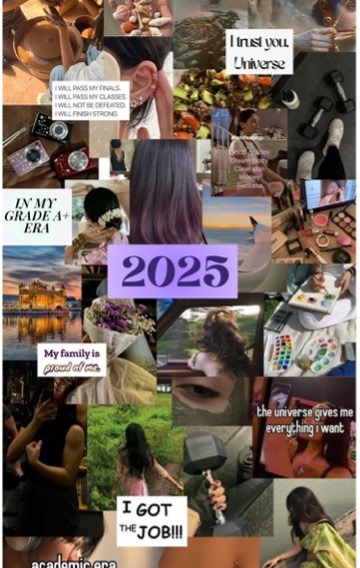 Vision Board für 2025 mit verschiedenen Bildern und Zitaten